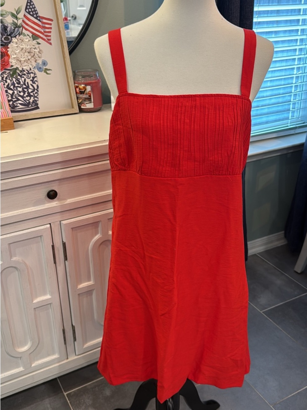 H&M Red Ribbed-Bodice Square Neck Linen Dress